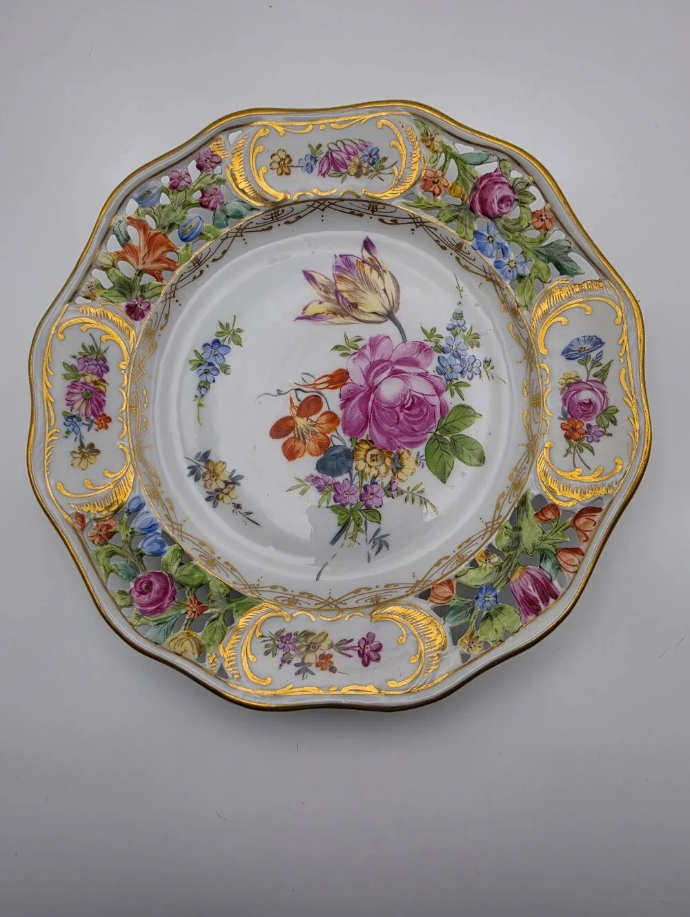 VTG/Antique Dresden Carl Thieme Reticulated Porcelain Plate 7.75